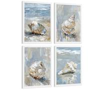 Nacnic Juego De 3 Cuadros De Playa, Mar, Costa Azul. Decoracion De Pared De Arte. Conchas Marinas. Laminas Decorativas Pared Baño, Cocina,Salón Y Dormitorio. Tamaño A4 Marco Blanco