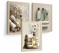 Nacnic Juego De 3 Laminas Decorativas Para Baño Cuadros Y Poster Para Pared Lavabo Ducha Wc Y Aseo Con Botellas Sales Y Toallas Estilo Natural Moderno A3 Marco Madera Clara