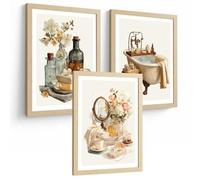 Nacnic Juego De 3 Laminas Decorativas Para Baño Cuadros Y Poster Vintage Elegante Para Pared Lavabo Ducha Wc Y Aseo Con Bañera Flores Y Espejo Estilo Clasico A3 Marco Madera Clara