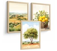 Nacnic Juego De 3 Laminas Decorativas Pared Estilo Rural. Cuadros Salon Modernos Posters Decorativos Tonos Amarillos. Campos Y Pueblos Acuarelas Vintage A4 Marco Madera Clara