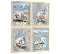 Nacnic Juego De 4 Cuadros De Playa, Mar, Costa Azul. Decoracion De Pared De Arte. Conchas Marinas. Laminas Decorativas Pared Baño, Cocina,Salón Y Dormitorio. Tamaño A4 Sin Marco