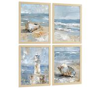 Nacnic Juego De 4 Cuadros De Playa, Mar, Costa Azul, Faro, Barca. Decoracion De Pared De Arte. Dia De Mar. Laminas Decorativas Pared Baño, Cocina,Salón Y Dormitorio. Tamaño A4 Marco Madera Clara