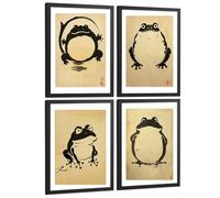 Nacnic Juego De 4 Laminas Decorativas Pared Estilo Japon Ukiyo-E. Cuadros Salon Modernos - Posters Decorativos Ranas Vintage. Arte Japones. Decoración Dormitorios. A4 Marco Negro