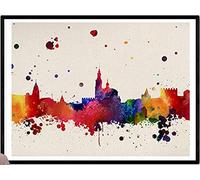 Nacnic Lámina Ciudad de GIJON. Skyline Estilo Acuarela y explosión de Color. Tamaño A3