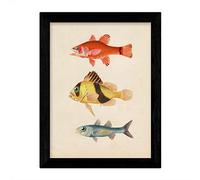 Nacnic Lámina de tres peces rojo, amarillo, marron y azul en tamaño A3, fondo papel vintage Poster papel 250 gr. Sin Marco