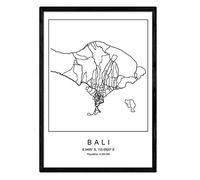Nacnic Lámina mapa de la ciudad Bali estilo nordico en blanco y negro. Poster tamaño A3 Enmarcado con marco negro Impreso papel 250 gr. Cuadros, láminas y posters para salon y dormitorio