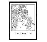Nacnic Lámina mapa de la ciudad Copenhagen estilo nordico en blanco y negro. Poster tamaño A3 Enmarcado con marco negro Impreso papel 250 gr. Cuadros, láminas y posters para salon y dormitorio