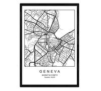 Nacnic Lámina mapa de la ciudad Geneva estilo nordico en blanco y negro. Poster tamaño A4 Enmarcado con marco negro Impreso papel 250 gr. Cuadros, láminas y posters para salon y dormitorio