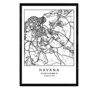 Nacnic Lámina mapa de la ciudad Havana estilo nordico en blanco y negro. Poster tamaño A4 Enmarcado con marco negro Impreso papel 250 gr. Cuadros, láminas y posters para salon y dormitorio