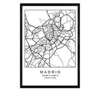 Lámina Mapa de la Ciudad Madrid Estilo nordico en Blanco y Negro. Poster tamaño A4 Enmarcado con Marco Negro Impreso Papel 250 gr. Cuadros, láminas y Posters para Salon y Dormitorio