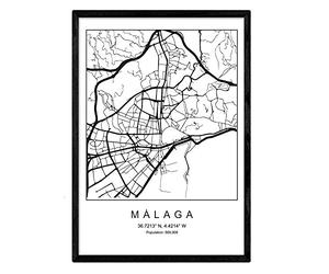 Nacnic Lámina mapa de la ciudad Malaga estilo nordico en blanco y negro. Poster tamaño A3 Enmarcado con marco negro Impreso papel 250 gr. Cuadros, láminas y posters para salon y dormitorio