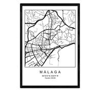Nacnic Lámina mapa de la ciudad Malaga estilo nordico en blanco y negro. Poster tamaño A4 Enmarcado con marco negro Impreso papel 250 gr. Cuadros, láminas y posters para salon y dormitorio