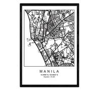 Nacnic Lámina Mapa de la Ciudad Manila Estilo nordico en Blanco y Negro. Poster tamaño A3 Enmarcado con Marco Negro Impreso Papel 250 gr. Cuadros, láminas y Posters para Salon y Dormitorio