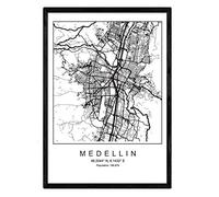 Nacnic Lámina mapa de la ciudad Medellin estilo nordico en blanco y negro. Poster tamaño A4 Enmarcado con marco negro Impreso papel 250 gr. Cuadros, láminas y posters para salon y dormitorio