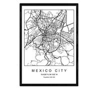 Nacnic Lámina mapa de la ciudad Mexico city estilo nordico en blanco y negro. Poster tamaño A3 Enmarcado con marco negro Impreso papel 250 gr. Cuadros, láminas y posters para salon y dormitorio
