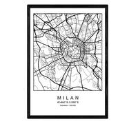 Nacnic Lámina Mapa de la Ciudad Milan Estilo nordico en Blanco y Negro. Poster tamaño A3 Enmarcado con Marco Negro Impreso Papel 250 gr. Cuadros, láminas y Posters para Salon y Dormitorio