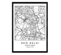 Nacnic Lámina mapa de la ciudad New delhi estilo nordico en blanco y negro. Poster tamaño A4 Enmarcado con marco negro Impreso papel 250 gr. Cuadros, láminas y posters para salon y dormitorio