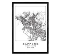 Nacnic Lámina Mapa de la Ciudad Sapporo Estilo nordico en Blanco y Negro. Poster tamaño A4 Enmarcado con Marco Negro Impreso Papel 250 gr. Cuadros, láminas y Posters para Salon y Dormitorio