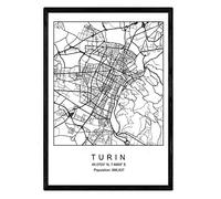 Nacnic Lámina Mapa de la Ciudad Turin Estilo nordico en Blanco y Negro. Poster tamaño A3 Enmarcado con Marco Negro Impreso Papel 250 gr. Cuadros, láminas y Posters para Salon y Dormitorio