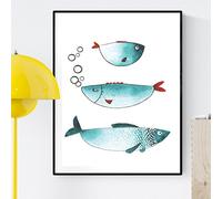 Nacnic Lámina para enmarcar TRES PECES Poster con imagen de peces para los amantes del mundo MARINO. Poster TONOS AZULES. Tamaño A4
