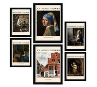 Nacnic Lámina poster set 6 de Johannes Vermeer Colección de obras de arte, Cuadros decorativos para tu salón, dormitorio, hogar. Estampados de arte de pared. A4 y A3 con Negro Marcos
