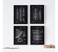 Nacnic Negro - Pack de 4 láminas con Patentes de Instrumentos Musicales. Set de posters con inventos y patentes antiguas. Elije el color que más te guste