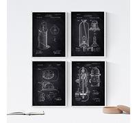 Nacnic Negro - Pack de 4 Láminas con Patentes del Cuerpo de Bomberos. Set de Posters con inventos y Patentes Antiguas. Elije el Color Que Más te guste.