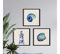 Nacnic Pack 3 Láminas Decorativas Mar Azul en Verano | Posters con Imágenes Concha, Faro y Caracola Marina | Decoración Restaurante, Bar, Chiringuito Playa | Tamaño 30x30 cm