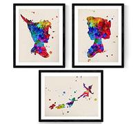 Nacnic Pack de 3 láminas en Estilo Acuarela. Carteles con imágenes de Peter Pan, Campanilla y Sus Amigos. Decoración Infantil. Papel 250 Gramos.