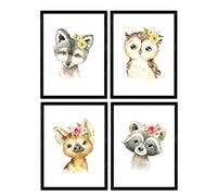 Nacnic Pack de cuatro láminas con ilustraciones de animales. Posters con imágenes infantiles de animales. Mofeta buho zorro hiena. Tamaño A3 sin marco…