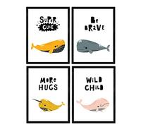 Nacnic Pack de Cuatro Posters con Ilustraciones de Ballenas. Láminas con imágenes Infantiles de Ballenas. Ballenas Palabras Abrazo Salvaje Bonito y Valiente. Tamaño A3 sin Marco…
