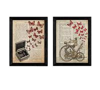 Nacnic Pack de Dos láminas Vintage Caja de música y velocipedo con definicion de Diccionario emociones y música Tamaño A4 - con Marco Negro A4. 250 Gr