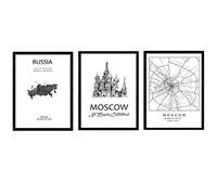 Nacnic Pack de posters de paises y monumentos. Mapa ciudad de Moscu, monumento San Basilio y mapa Rusia. Tamaño A4