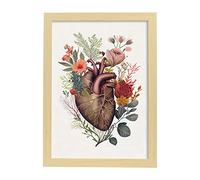 Nacnic Póster Anatómico de un Corazón sobre Fondo Blanco. Colorida ilustración de partes del cuerpo humano con flores, A4 Marco Madera clara