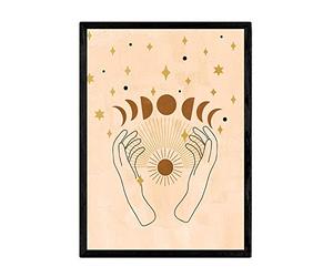 Nacnic Poster con imágenes místicas, con imágenes de Soles y Lunas. Lámina en Tonos Marrones con Dibujos de misticismo, esoterismo, y paganismo. Cuadro de exposición 'Místico 3'. Tamaño A3