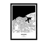 Nacnic Poster con mapa de Havana - Cuba. Láminas de ciudades de Latinoamérica con mares y ríos en color negro. Tamaño A3 con marco