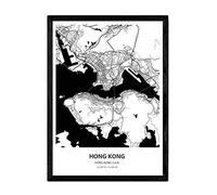 Nacnic Poster con Mapa de Hong Kong - Hong Kong. Láminas de Ciudades de Asia con Mares y ríos en Color Negro. Tamaño A3 con Marco