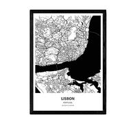 Nacnic Poster con mapa de Lisbon - Portugal. Láminas de ciudades de España con mares y ríos en color negro. Tamaño A3 con marco