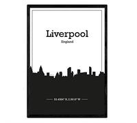 Nacnic Poster con Mapa de Liverpool - Inglaterra. Láminas con Skyline de Ciudades de Inglaterra e Irlanda con Sombra Negra. Tamaño A4 con Marco