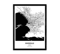 Nacnic Poster con Mapa de Marselle - Francia. Láminas de Ciudades de Francia con Mares y ríos en Color Negro. Tamaño A3 con Marco