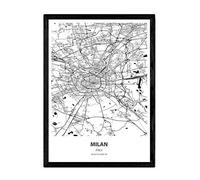 Nacnic Poster con mapa de Milan - Italia. Láminas de ciudades de Italia con mares y ríos en color negro. Tamaño A3 con marco