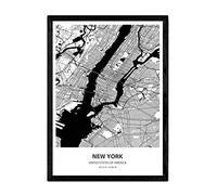 Nacnic Poster con mapa de New York - USA. Láminas de ciudades de Estados Unidos con mares y ríos en color negro. Tamaño A4 con marco