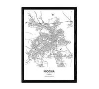 Nacnic Poster con Mapa de Nicosia - Chipre. Láminas de Ciudades de Europa con Mares y ríos en Color Negro. Tamaño A3