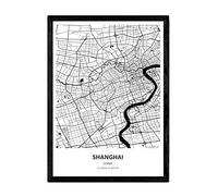 Nacnic Poster con mapa de Shanghai - China. Láminas de ciudades de Asia con mares y ríos en color negro. Tamaño A3 con marco