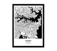 Nacnic Poster con mapa de Sydney - Australia. Láminas de ciudades de Australia con mares y ríos en color negro. Tamaño A4