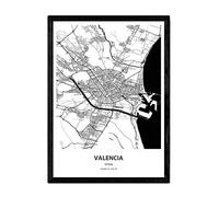 Nacnic Poster con mapa de Valencia - España. Láminas de ciudades de España con mares y ríos en color negro. Tamaño A3 con marco