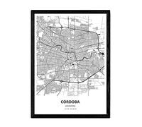 Nacnic Poster con marco con mapa de Cordoba - Argentina. Láminas de ciudades de Latinoamérica con mares y ríos en color negro. Tamaño A4 Con marco