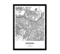 Nacnic Poster con marco con mapa de Santiago - Chile. Láminas de ciudades de Latinoamérica con mares y ríos en color negro. Tamaño A3 Con marco
