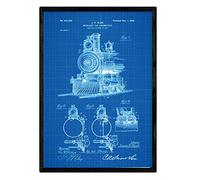 Nacnic Poster con patente de Lampara para locomotoras. Lámina con diseño de patente antigua en tamaño A3 y con fondo azul