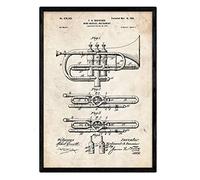 Nacnic Poster con patente de Trompeta. Lámina con diseño de patente antigua en tamaño A3 y con fondo vintage